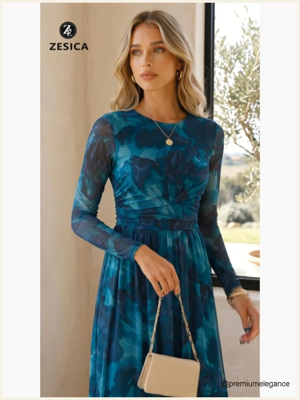 Long Sleeve Crewneck Floral Print Mesh Ruched Maxi Dress - Picture 7 of 7